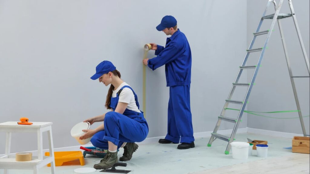 Pintores aplicando acabados de alta decoración en interior